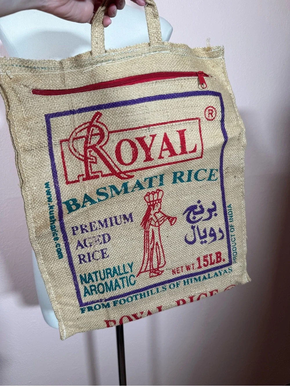 Vintage royal rice bag jute burlap zip top up cycled reusable bag